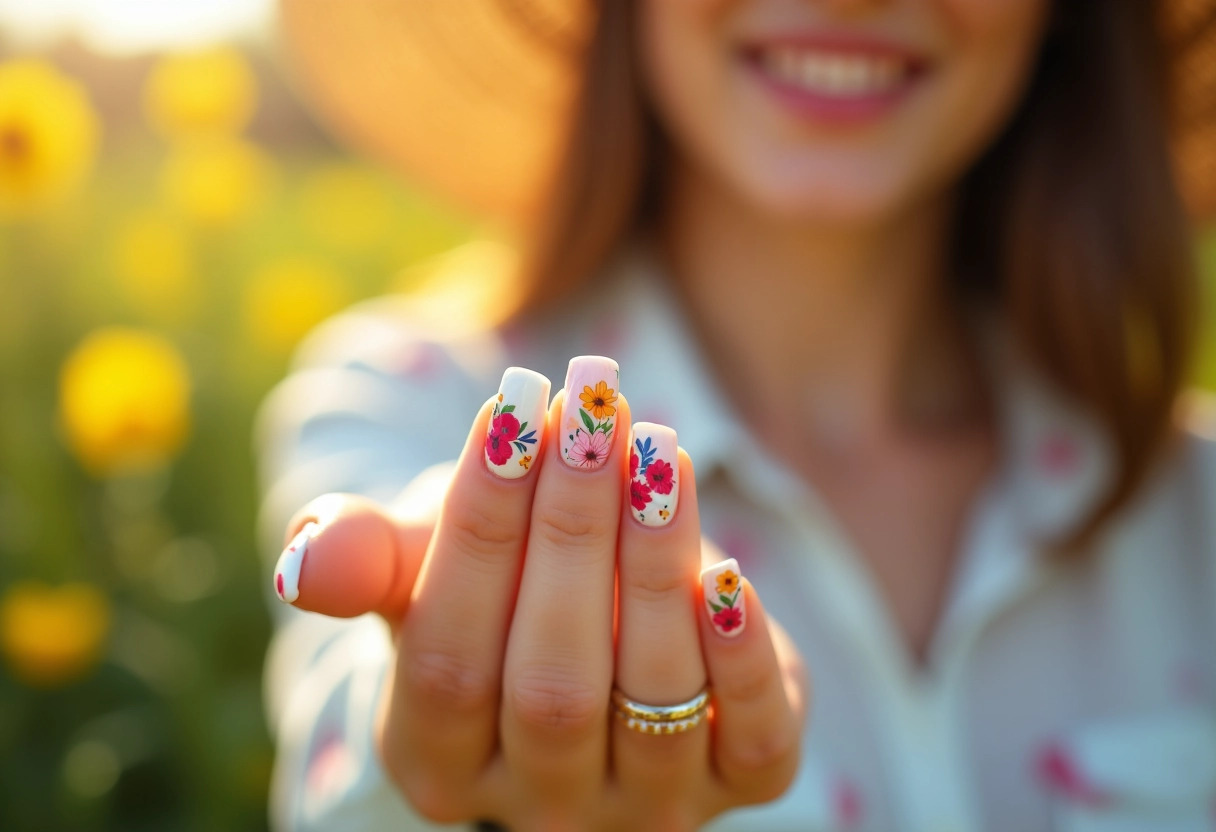 idée ongle en gel : des motifs floraux pour un été éclatant -  ongle gel motif floral